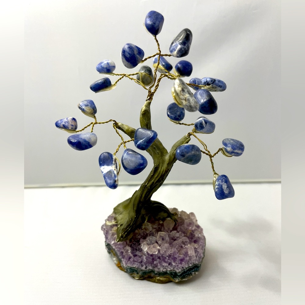 Handmade Amethyst Cluster and Sodalite Leaf Tree Sculpture